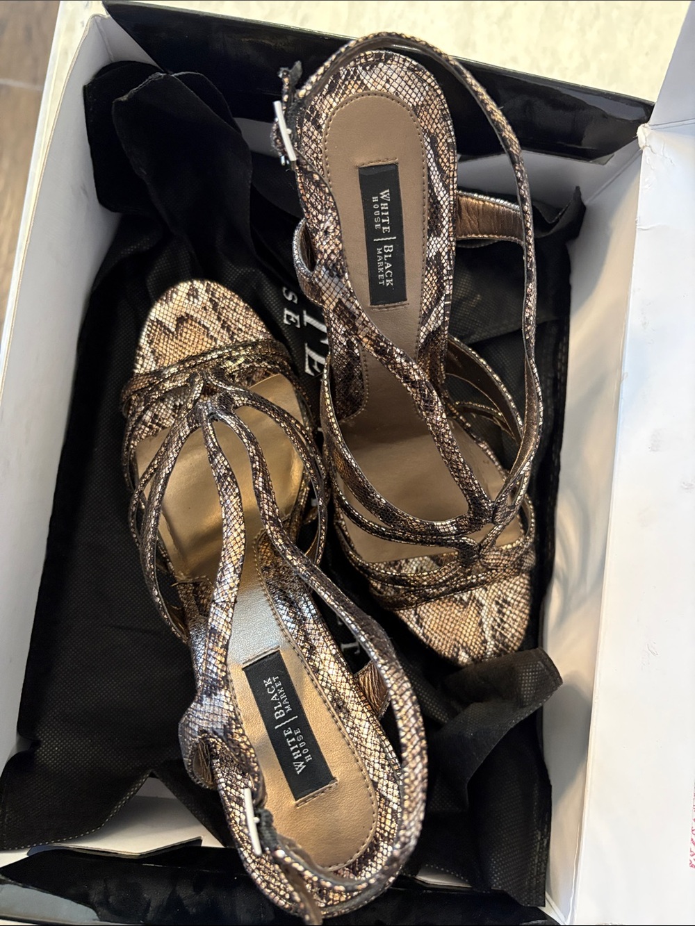 White House Black Market Brown Snake-Print Strappy High Heel Sandals - Picture 16 of 16